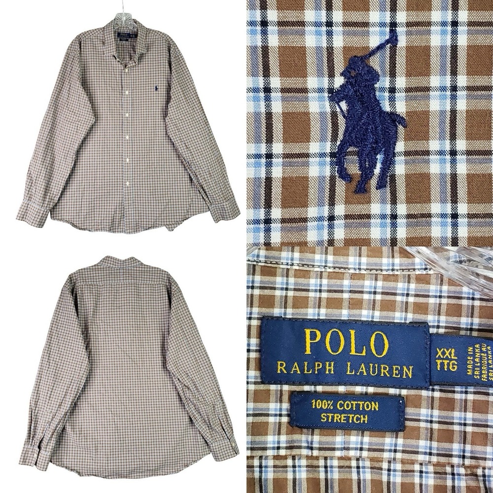 Polo Ralph Lauren Shirt Men's Size XXL Brown Plaid Long Sleeve Button Down